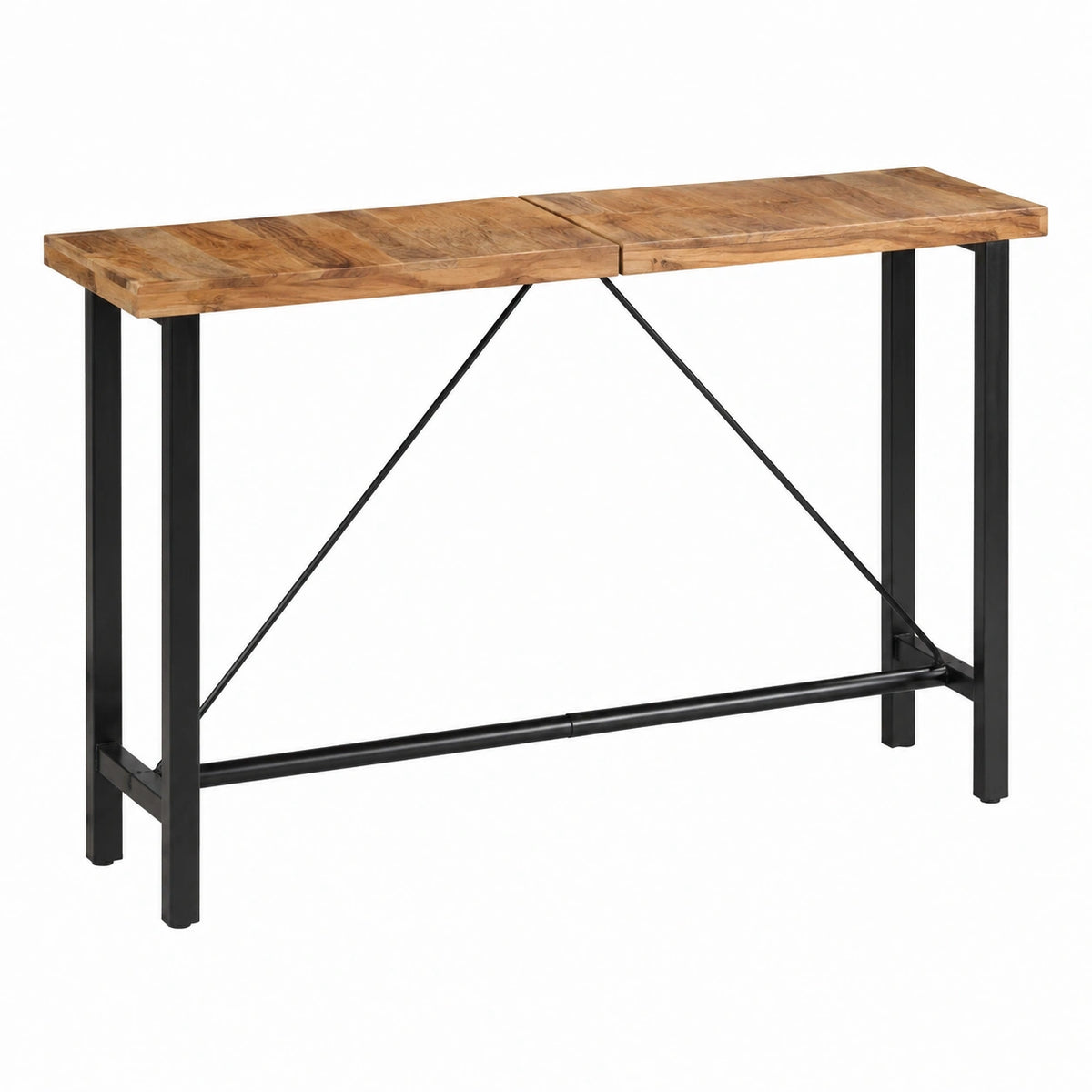 Set da Bar in Legno di Acacia e Pelle, Tavolo 180x70x107 cm con Sgabelli Industriali