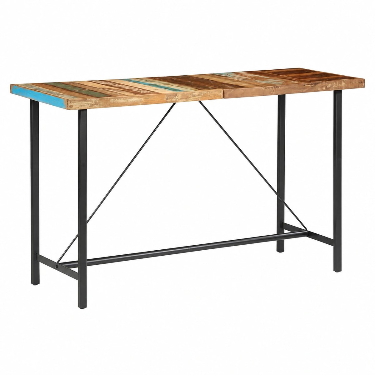 Set da Bar in Legno Recuperato e Acciaio, Tavolo 180 cm e Sgabelli, Stile Industriale
