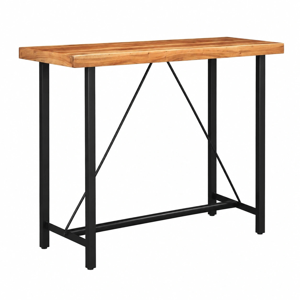 Set Bar in Legno di Acacia e Pelle, Tavolo 120x60 cm con Sgabelli Marroni e Neri, Gambe in Acciaio, Design Industriale