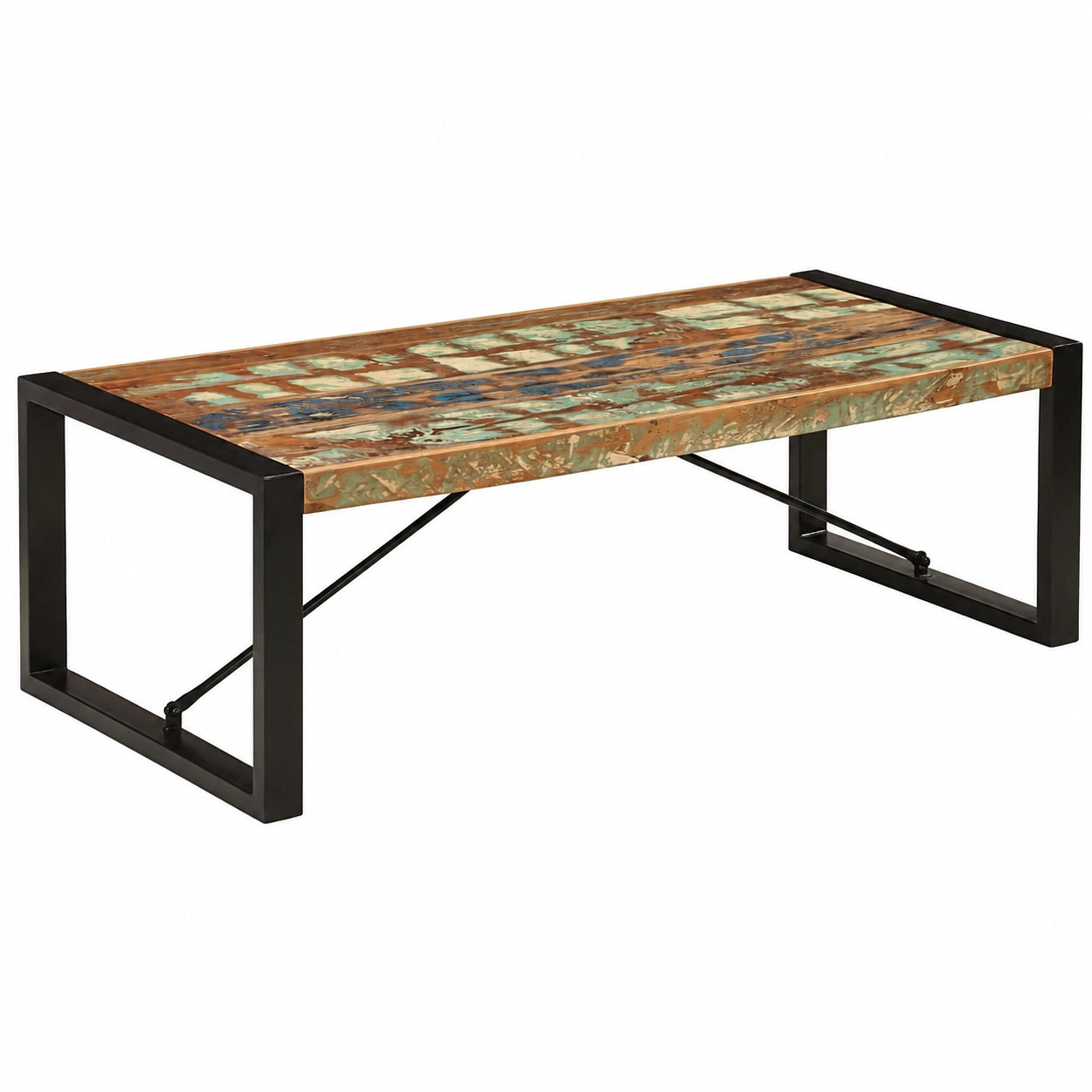 Tavolino Industriale in Legno Massello 120x60x40 cm, Finitura Lucida, Artigianale