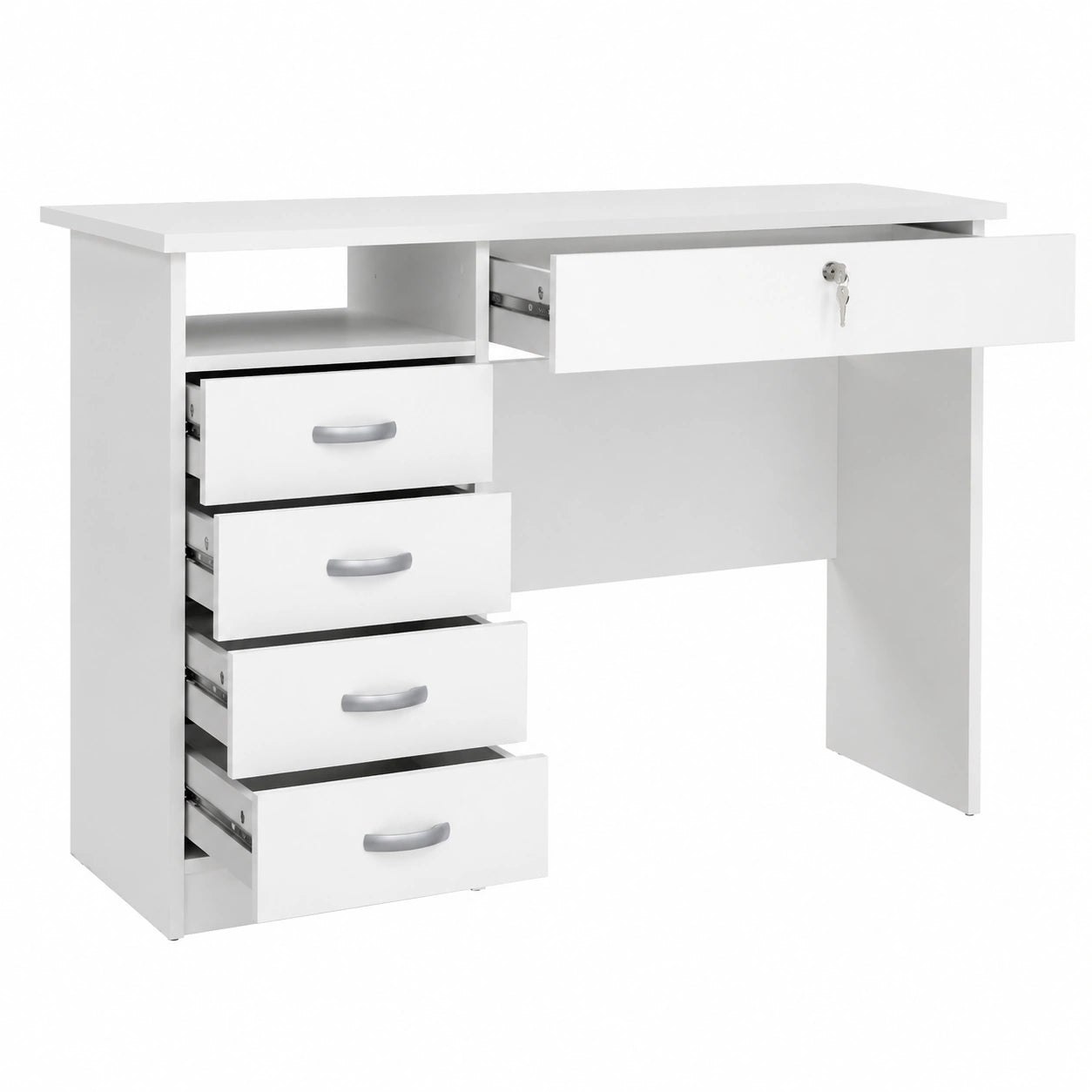 Scrivania Moderna con 5 Cassetti e Serratura, Salvaspazio per Casa e Ufficio, Bianco 109,3x48,5x75,6 cm