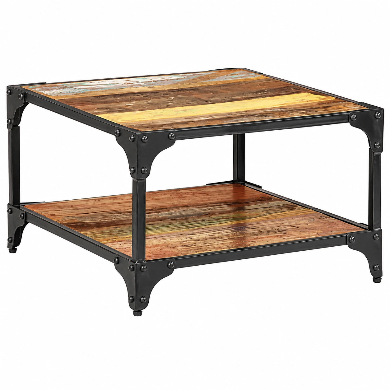 Tavolino in Teak Riciclato con Ripiano, 60x60x35 cm, Stile Industriale per Soggiorno e Ufficio
