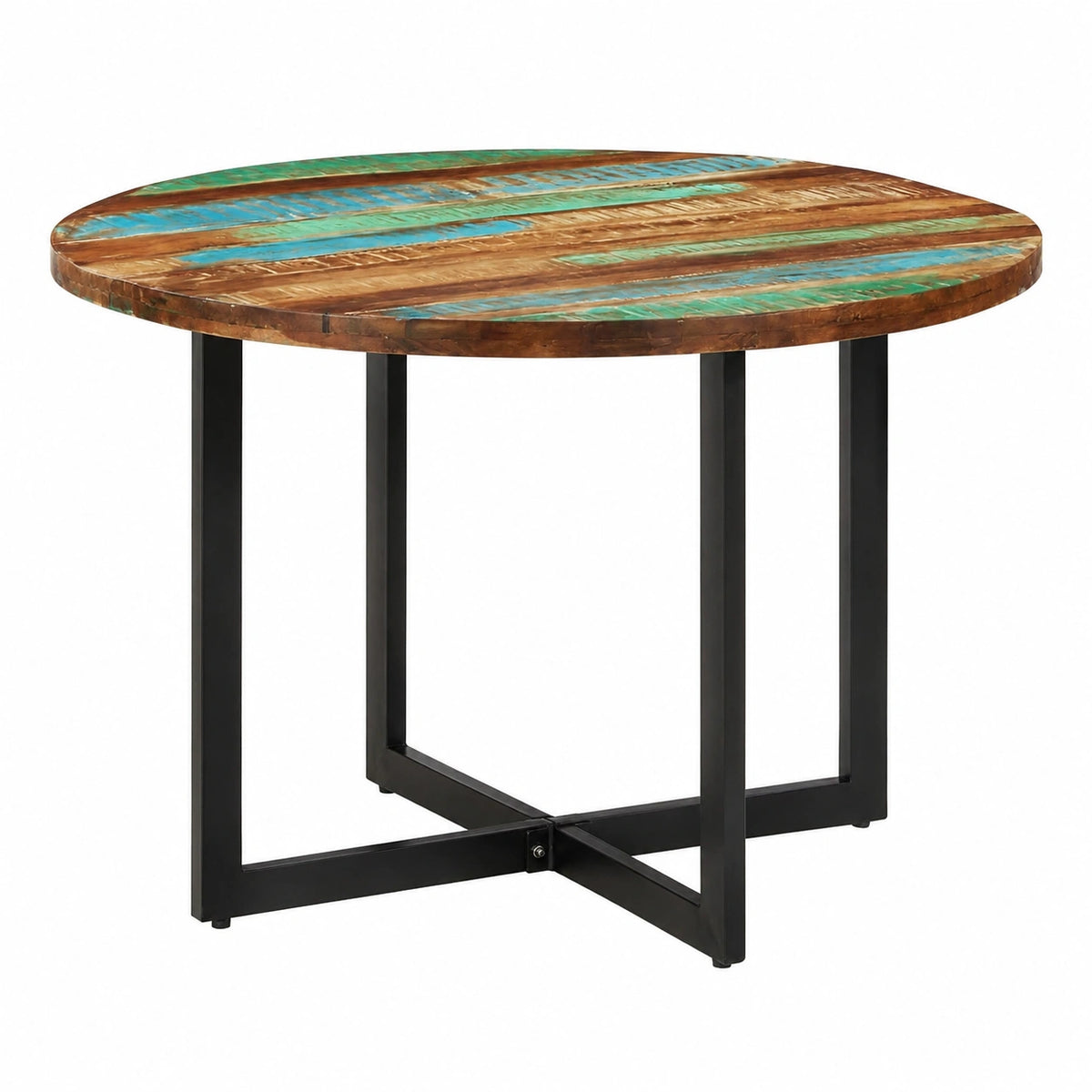 Tavolo da Pranzo Rotondo in Legno Recuperato e Acciaio, 110x75 cm