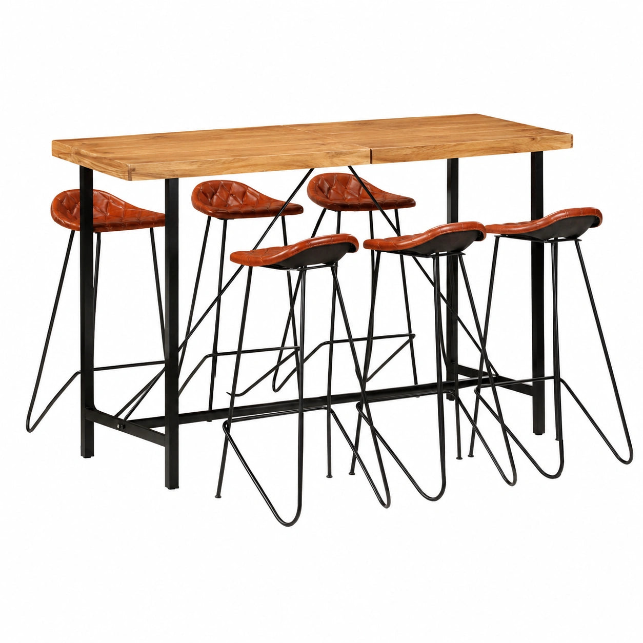 Set tavolo e sedie in legno e pelle per cucina, bar e ristorante, design industriale