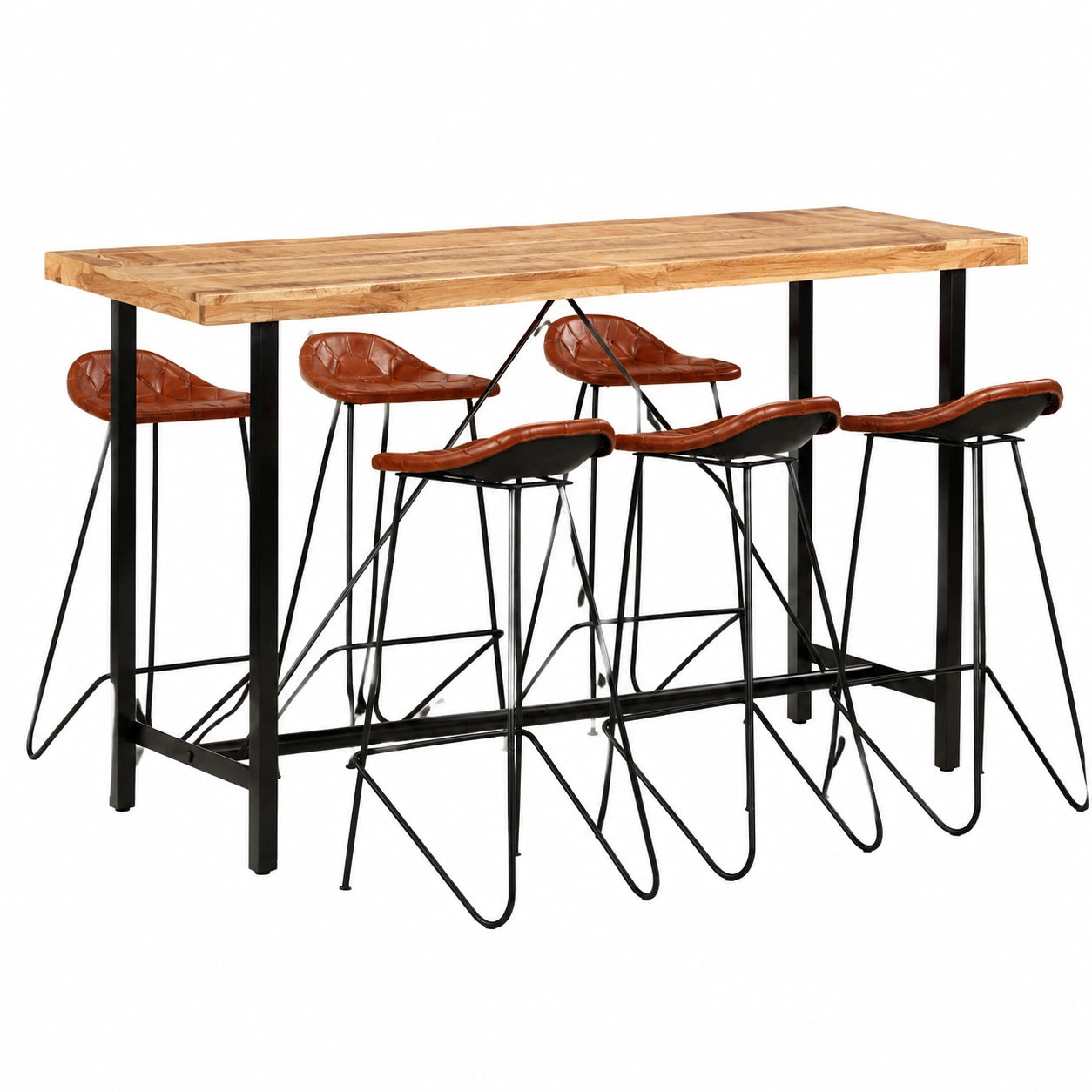 Set da Bar in Legno di Acacia e Pelle Vera - Tavolo e 6 Sedie Imbottite, Stile Industriale
