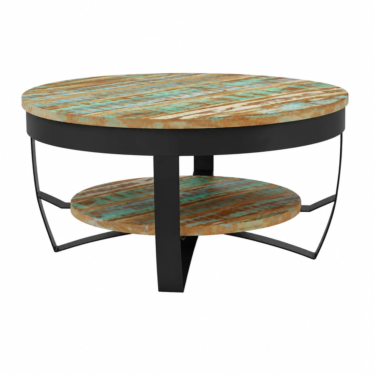 Tavolino rotondo in legno massello stile industriale, 65x32 cm, fatto a mano per soggiorno elegante